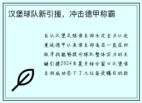 汉堡球队新引援，冲击德甲称霸